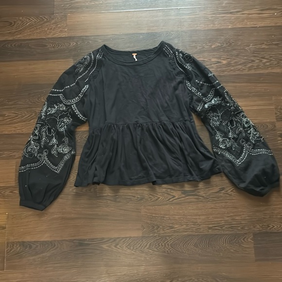 Free People Embroidered Peplum Penny Tee Black XS - Picture 2 of 10
